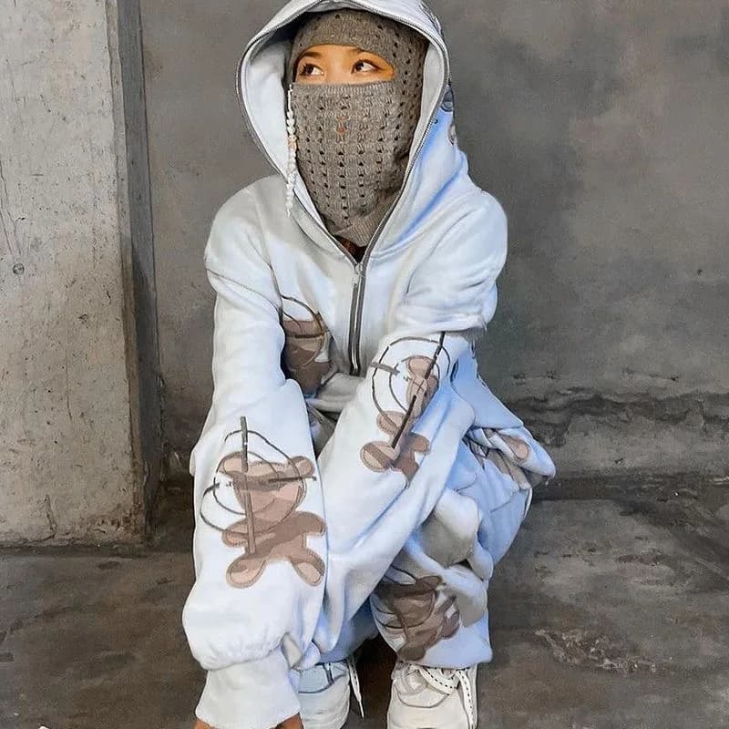 Felpa con Cappuccio Stile Street Americano con Stampa Orso Mascotte, Set Sportivo Casual con Pantaloni Lunghi, Autunno Inverno