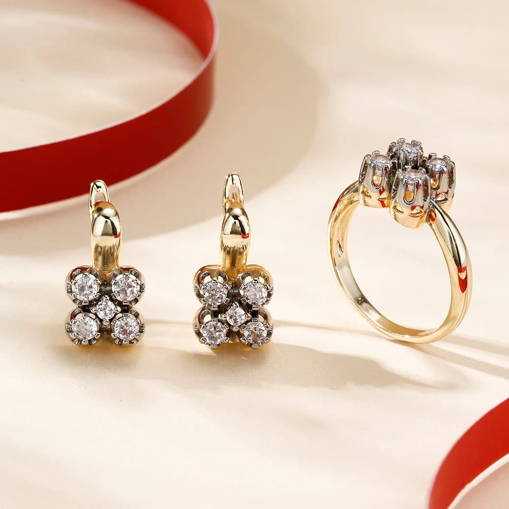 Simple and Exquisite Inlaid Zircon Two-Tone Jewelry Set Copper Plated 14K Gold Fashion Jewelry Birthday Party Wedding Souvenir