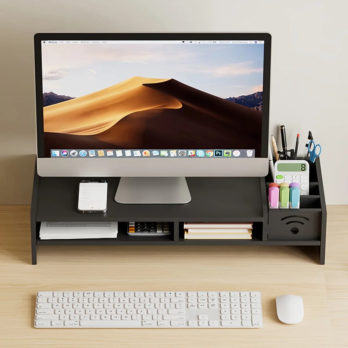 Minimalist Support for Black PVC Monitor, Desk Stand with Replacement Parts for Keyboard and Mouse, Computer Space Lift
