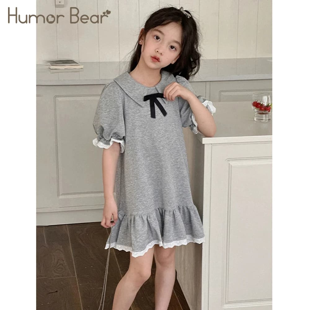 Girl Casual Dress 2026 New Fashion Doll Collar Bow Lace Edge Bubble Short Sleeved Dress Kids Clothes