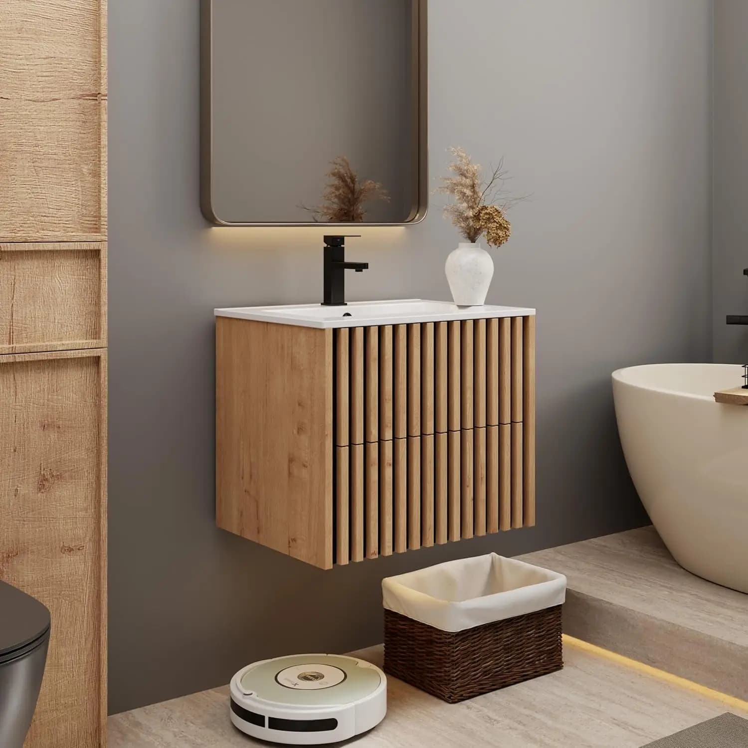 Mobile Bagno Sospeso 24 Pollici con Lavabo Integrato, Armadietto Moderno a Parete con 2 Cassetti Scanalati, Lavabo Sottopiano, Personalizzabile