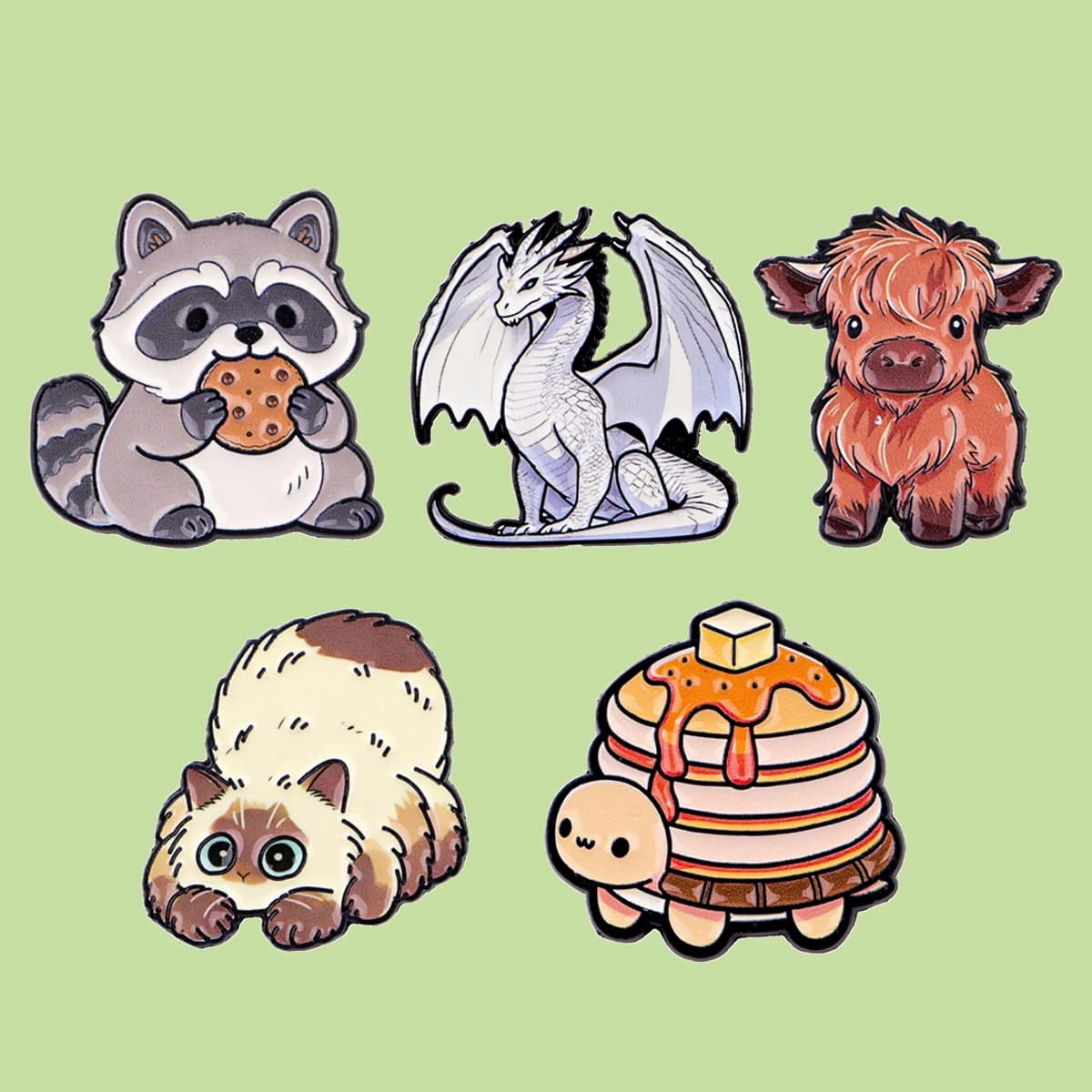 5pcs/Set Cute Raccoon Animal Enamel Pin Cartoon Cat Yak Turtle Dragon Brooches for Backpacks Jackets Badges Jewelry Gift