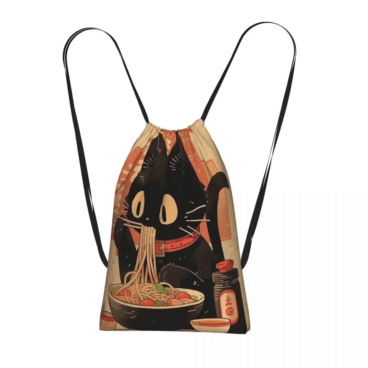 Un adorabile gatto che si gode una tazza di ramen. Zaini multifunzione con coulisse, borse portaoggetti, borse porta libri per viaggi e scuola.