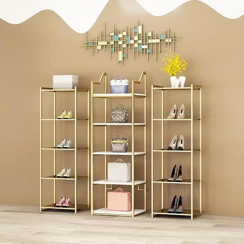 Per mobili da negozio multistrato Espositore in metallo Espositore per borse per scarpe in oro lucido Scaffale per vestiti sospeso