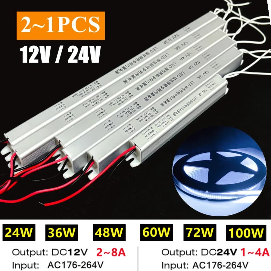 Alimentatore per Strisce LED 2~1PCS 12V 24V 100W AC/DC, Trasformatore per Illuminazione Esterna IP20 Impermeabile e Antipolvere con Scocca in Alluminio