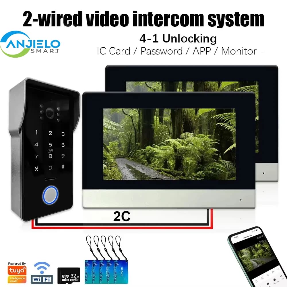 ANJIELO Smart Tuya - Sistema Videocitofonico IP a 2 Fili con Sblocco Tramite Password e Scheda IC, Schermo Touch da 7 Pollici 1080P