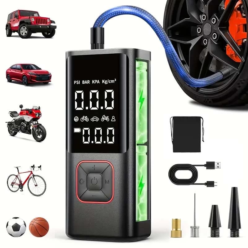 Compressore d'aria portatile per gonfiaggio pneumatici, pompa d'aria ricaricabile per pneumatici auto, gonfiatore portatile da 150 PSI per auto, pompa per pneumatici bici senza fili con manometro, doppio schermo LCD, pompa per moto, accessori essenziali per viaggi su strada, power bank ad alta capacità