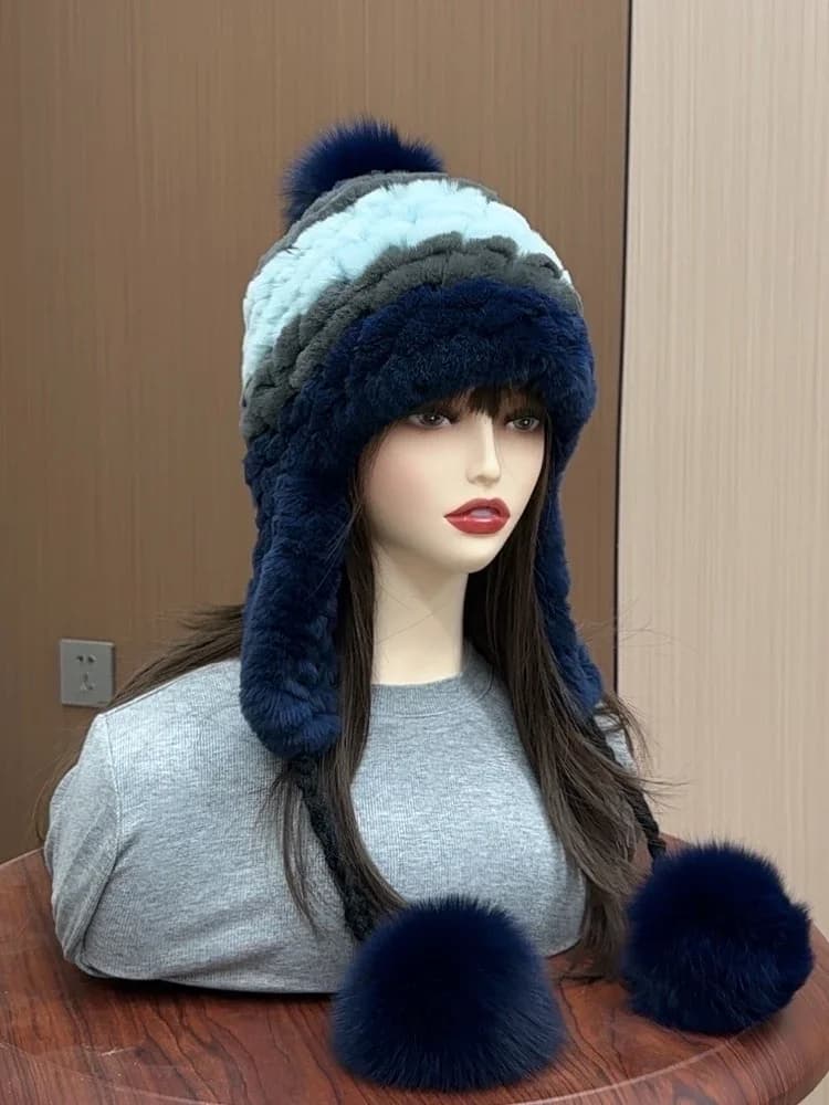 Genuino cappello di pelliccia di coniglio Rex per le donne Autunno russo ushanka striscia berretto di pelliccia signora inverno caldo usura della testa cappelli bomber lavorati a maglia elastica