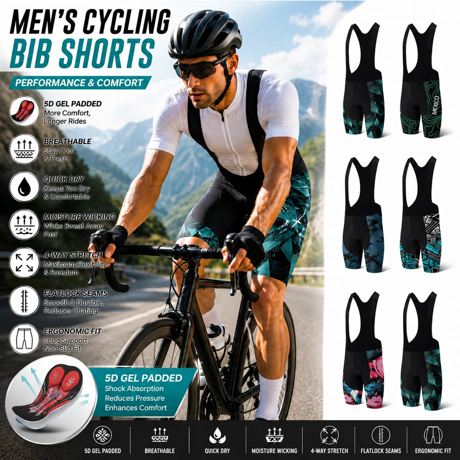 Breathable Cycling Bib Shorts for Men – Professional Riding Shorts with Gel Pad Comfortable Breathable Riding Shorts