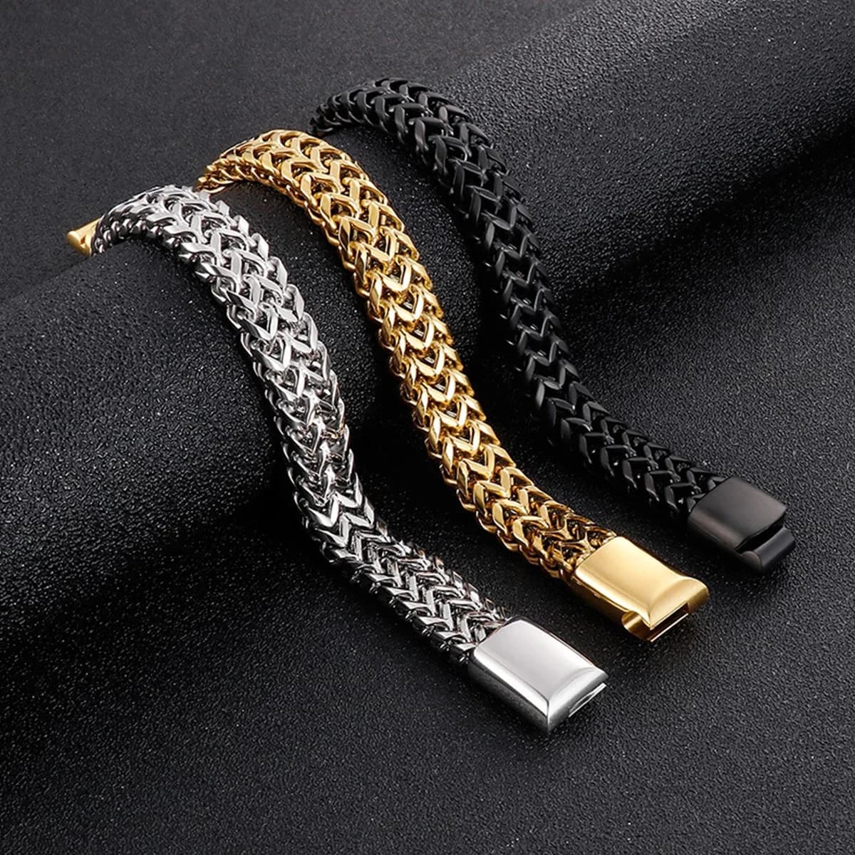 High Quality Stainless Steel Braided Bracelet with Double Row Fish Scale Magnet Buckle Hip Hop Rock Jewelry