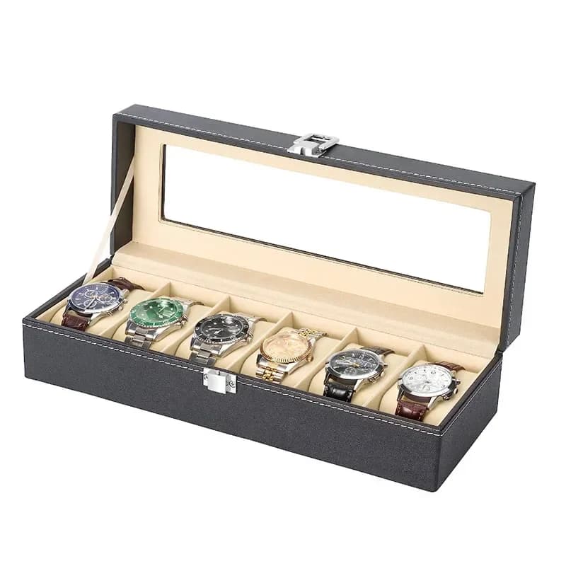 6 Slot PU Leather Lockable Watch Storage Boxes, Men & Women's Jewelry Display Drawer Case, 1-tier Organizer Watch Showcase