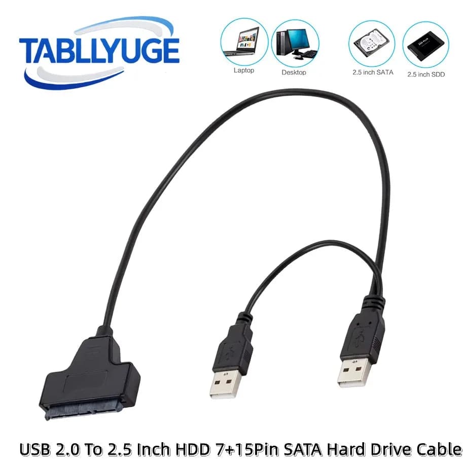 Cavo da USB 2.0 a SATA per disco rigido SSD HDD esterno da 2,5 pollici Adattatore SATA 7 + 15 pin Adattatore USB 2.0 con porta di alimentazione