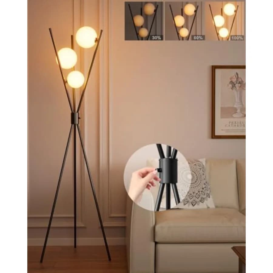 Dimmable Tripod Floor Lamp, Mid Century Standing Lamps with 3Pcs 3000K Bulbs Included, Modern Tall Lamp for Living Room Bedroom