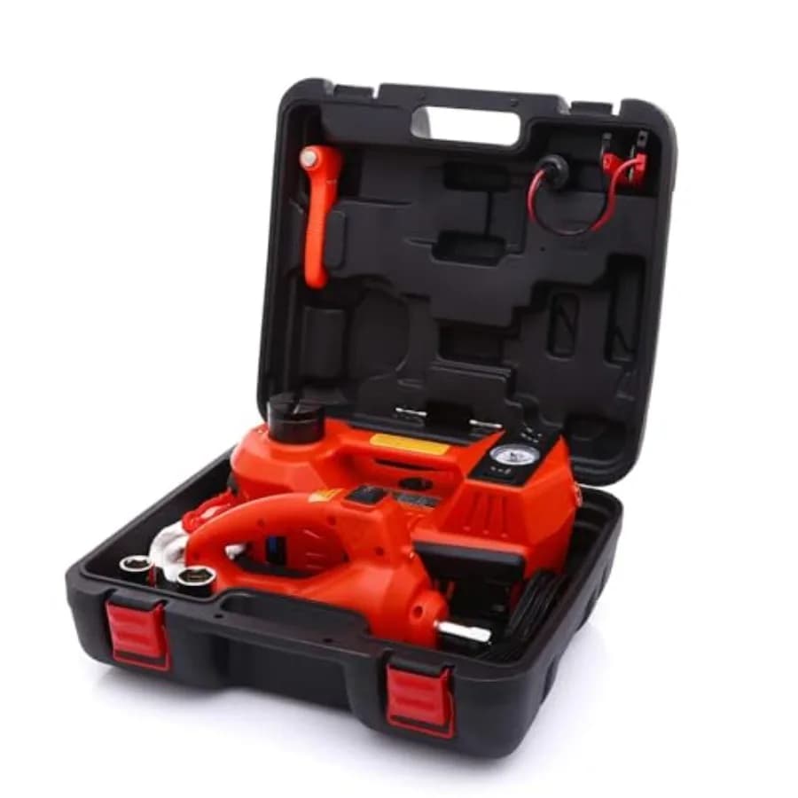 Kit Sollevatore Elettrico per Auto 5 Tonnellate 12V Idraulico con Chiave a Impatto e Pompa Gonfiagomme con Luce LED per SUV