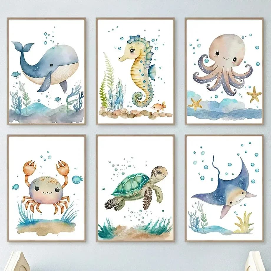 Cute Whale Sea Horse Octopus Crab Turtle Wall Art Posters And Prints Nordic Nursery Canvas Painting Picture Baby Kids Room De