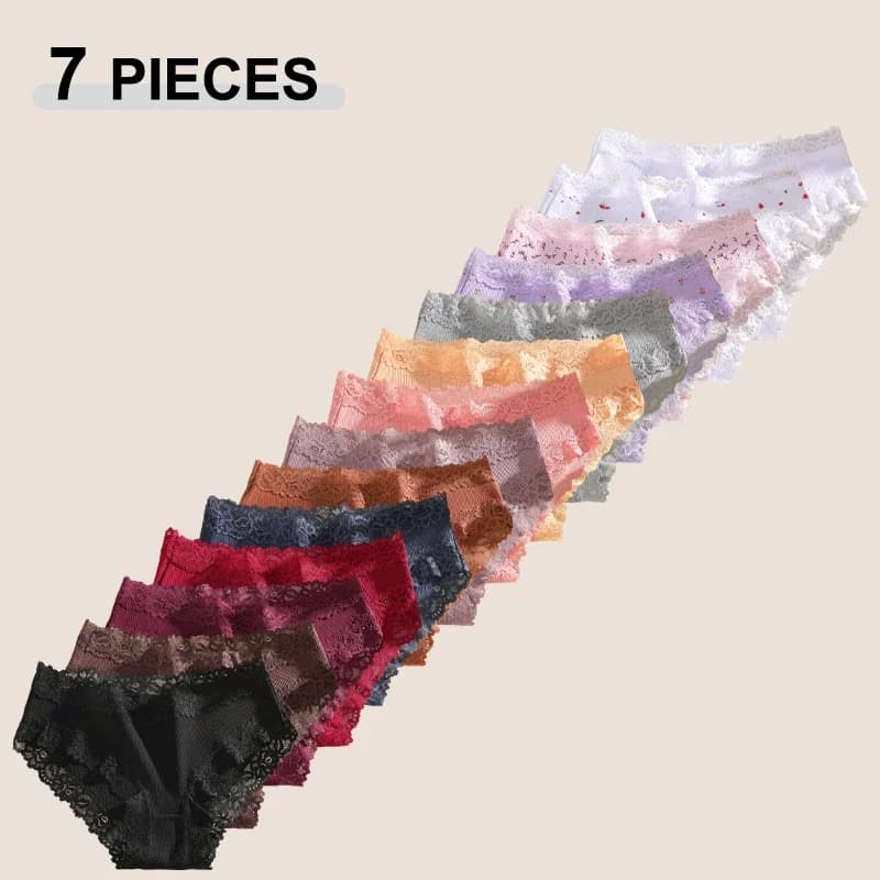 7Pcs/Set Women's Cotton Lace Patchwork Underwear Ladies Seamless Breathable Panties Cute Floral Printing Comfortable Underpants