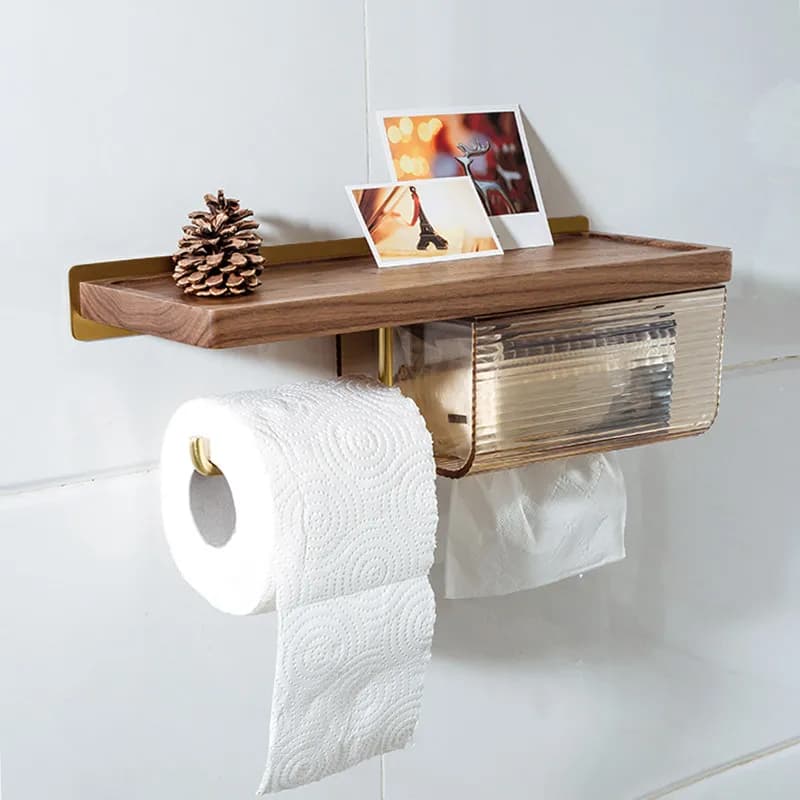 Portarotolo di Carta Igienica in Legno di Noce Nero Senza Foratura con Mensola Portaoggetti, Dispenser Impermeabile per Bagno