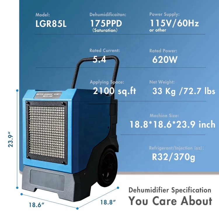 Deumidificatore da 175 pinte con tecnologia LGR R32 di grado commerciale per il ripristino dei danni causati dall'acqua AA