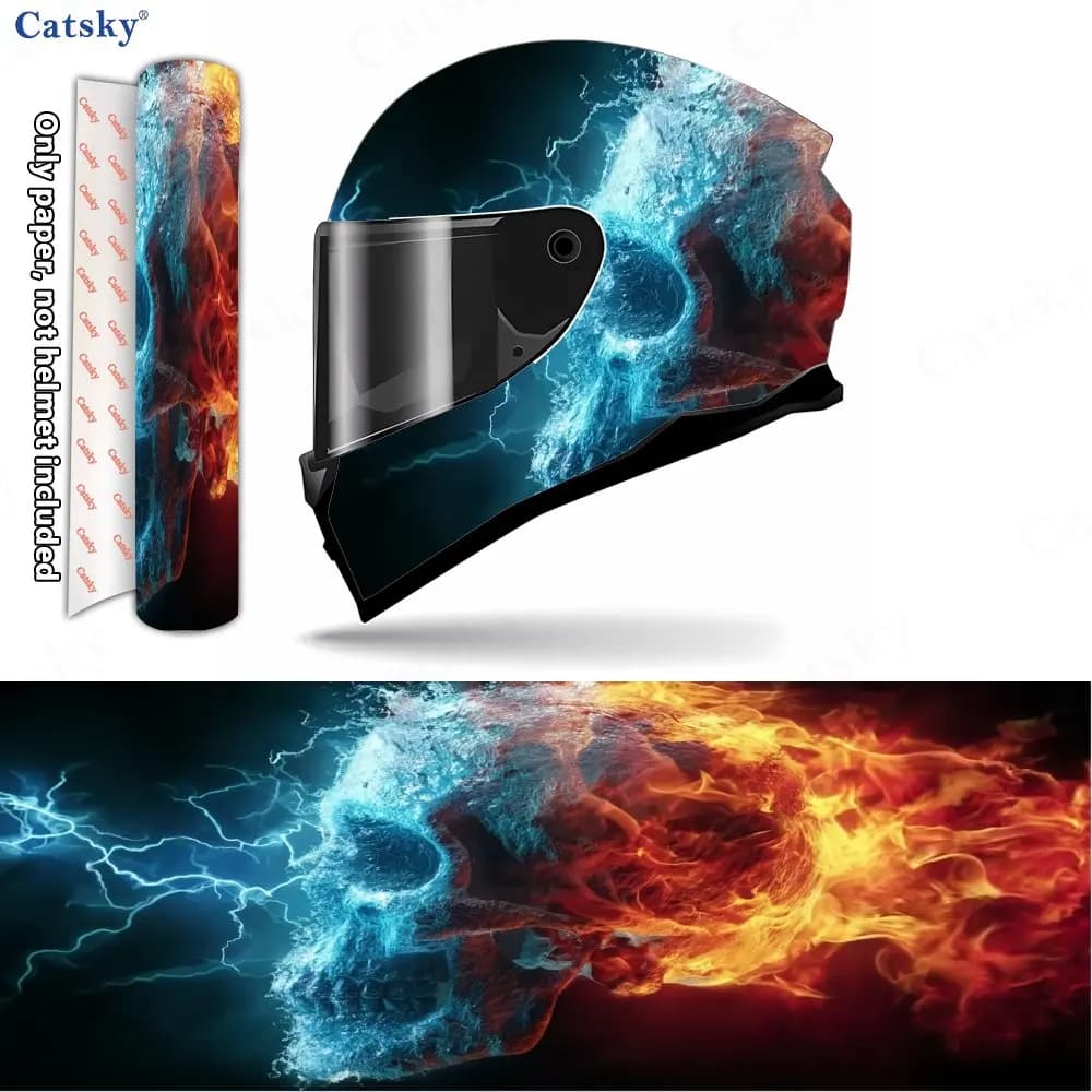 Adesivo per casco da motociclista impermeabile autoadesivo in materiale PVC Ice and Fire Skull, incolla saldamente e non cade, impermeabile e