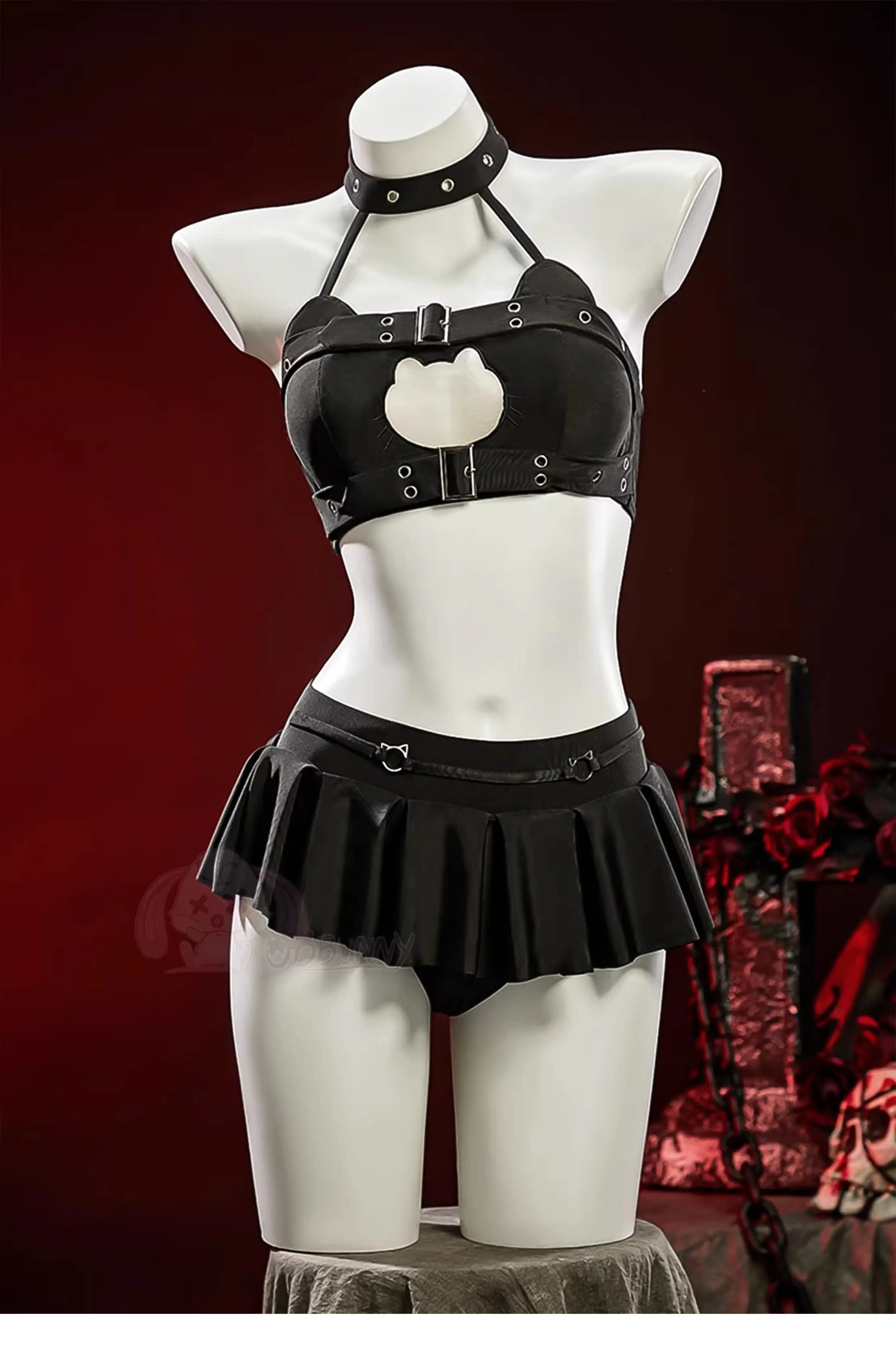 Rebel Rock Gothic Swim Skirt Beach Party Dark Punk Halter Hollow Out Split Swimsuit