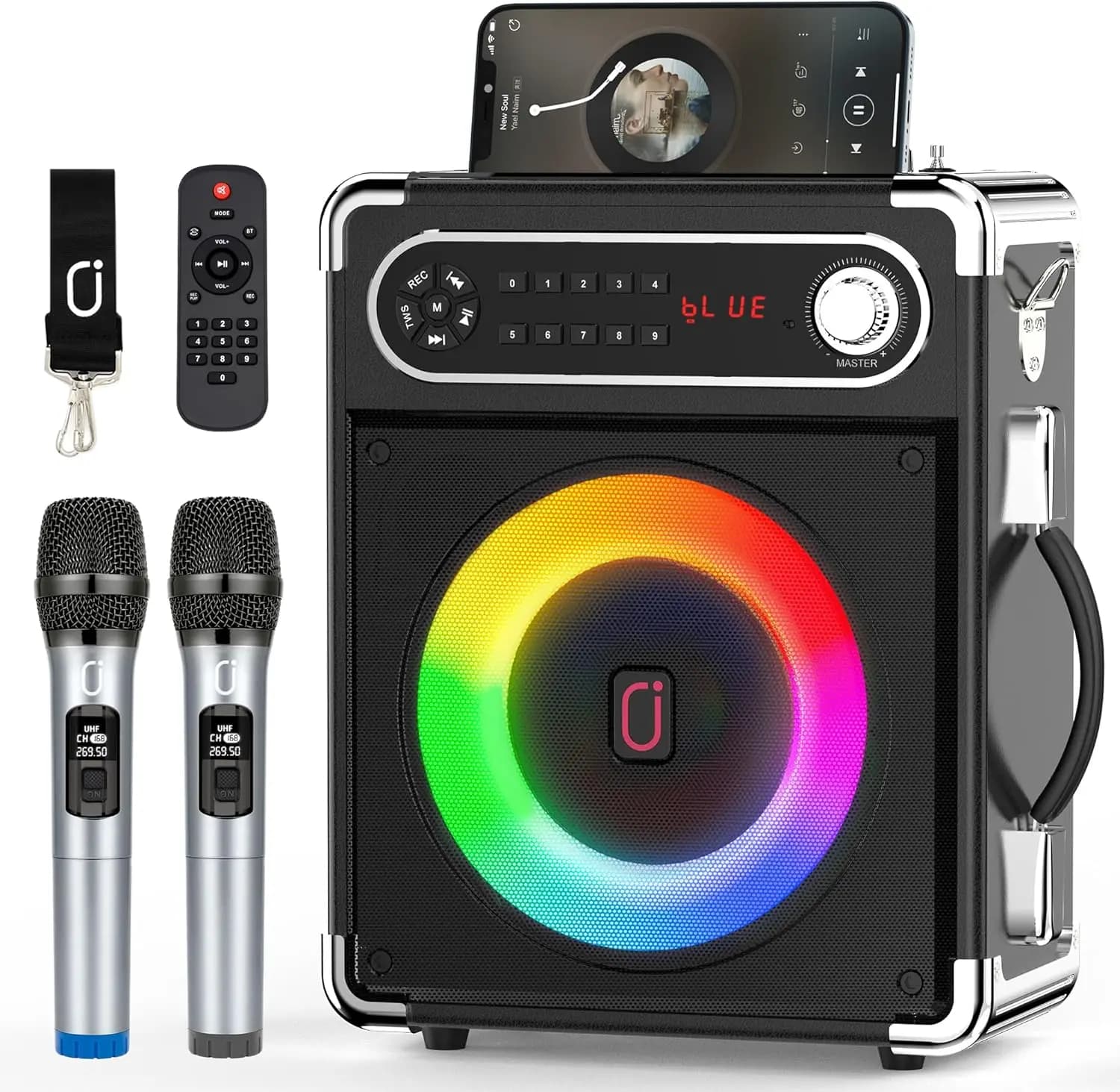 Macchina per Karaoke Portatile con Microfoni Wireless, Altoparlante Bluetooth, Sistema PA, Luci LED, Supporto TF/USB/AUX/TWS