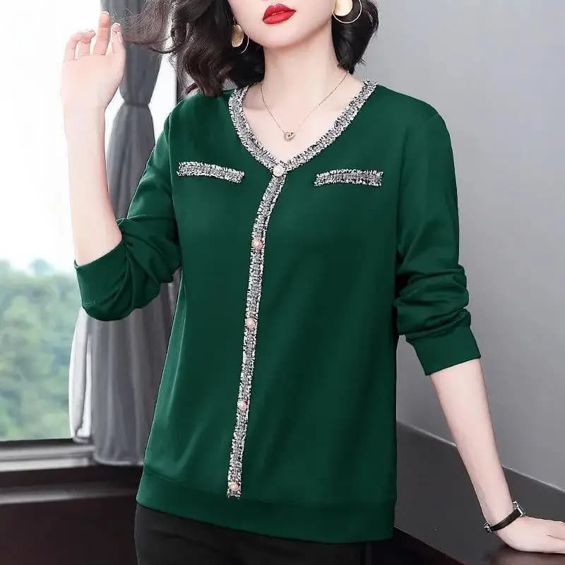 T-shirt da donna in cotone Vintage sciolto primavera autunno con scollo a v manica lunga Pullover Nail Bead Fashion Solid Splicing Casual top femminili
