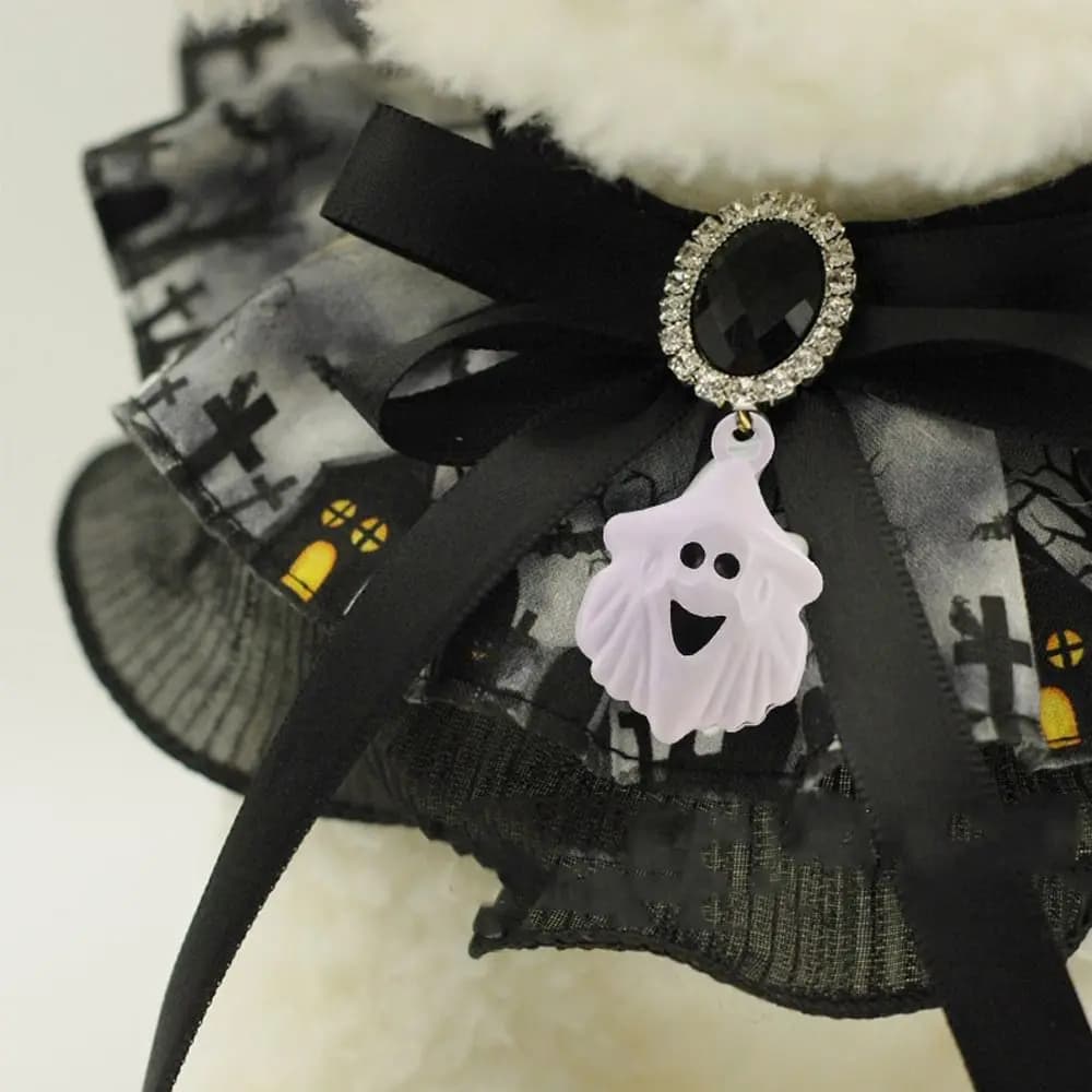 Campana creativa per collare in pizzo di Halloween per animali domestici con suono regolabile Collana fantasma per cani e gatti Fotografia di sciarpa con bavaglino per animali domestici carino e fresco
