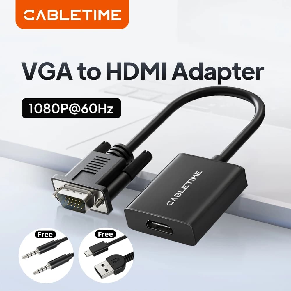 CABLETIME VGA to HDMI 1080P@60Hz HD Aluminum PVC Jacket for HDTV BOX monitors for laptop