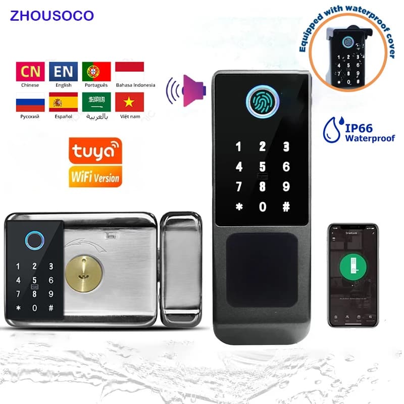 IP66 Impermeabile Tuya Wifi Impronte digitali Smart Door Lock Cancello esterno TTLock Bluetooth Password Card Serratura elettronica per la casa