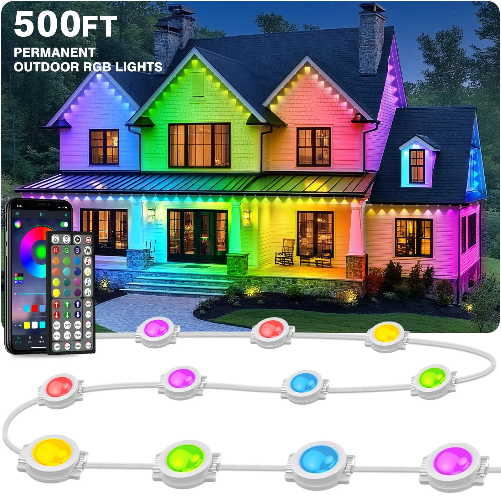 Luci a Stringa LED Permanenti da Esterno 500FT, Impermeabili IP67, Luci RGB Intelligenti per Grondaie, Controllo Remoto tramite App, Lampada Cambia Colore, Modalità Scena Fai-da-te per Tetto di Casa, Giardino, Capodanno, Natale, Feste di Compleanno, Decorazioni per la Casa e le Feste