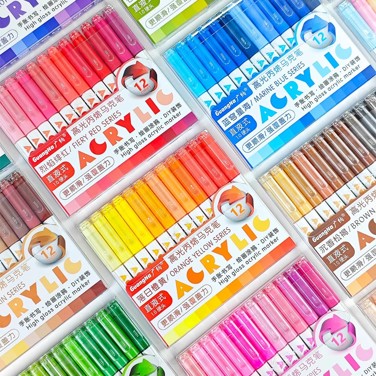 Pennarello acrilico lucido a testa dura liquida diretta da 12 colori/scatola, adatto per la scrittura di quaderni per studenti, pittura fai da te e graffiti