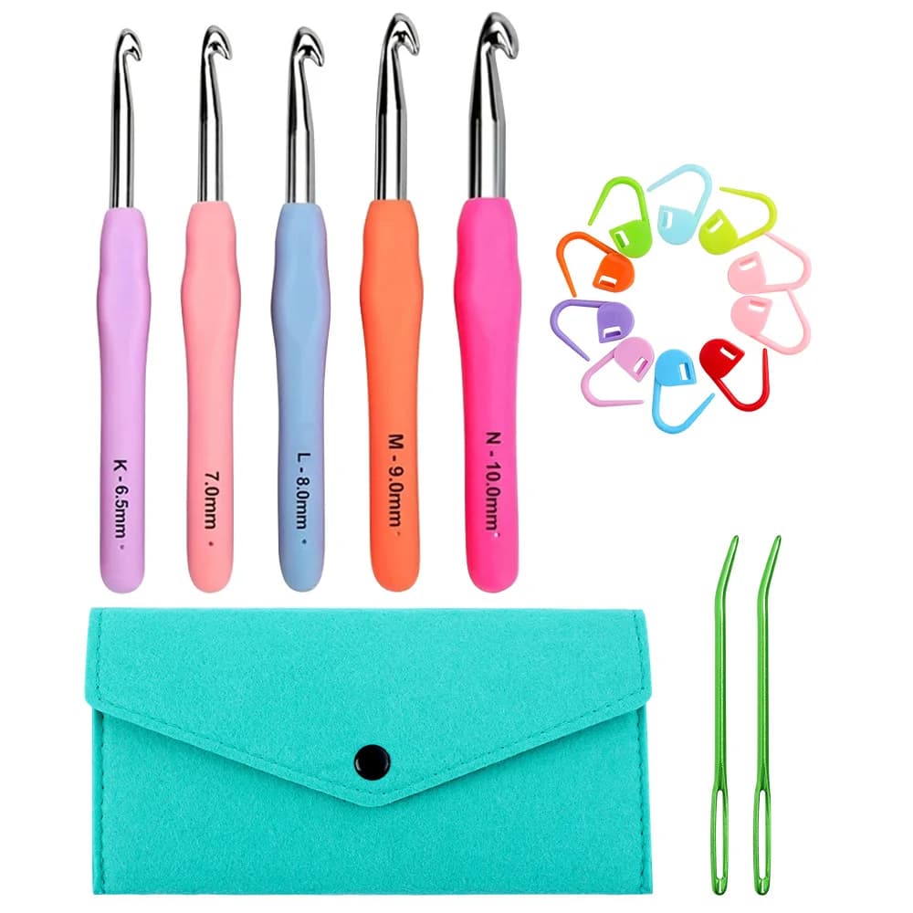 5 pz/set Uncinetti ergonomici Set Impugnatura morbida e confortevole Maniglie TPR Maniglia Set di ferri da maglia con custodia per maglieria fai da te
