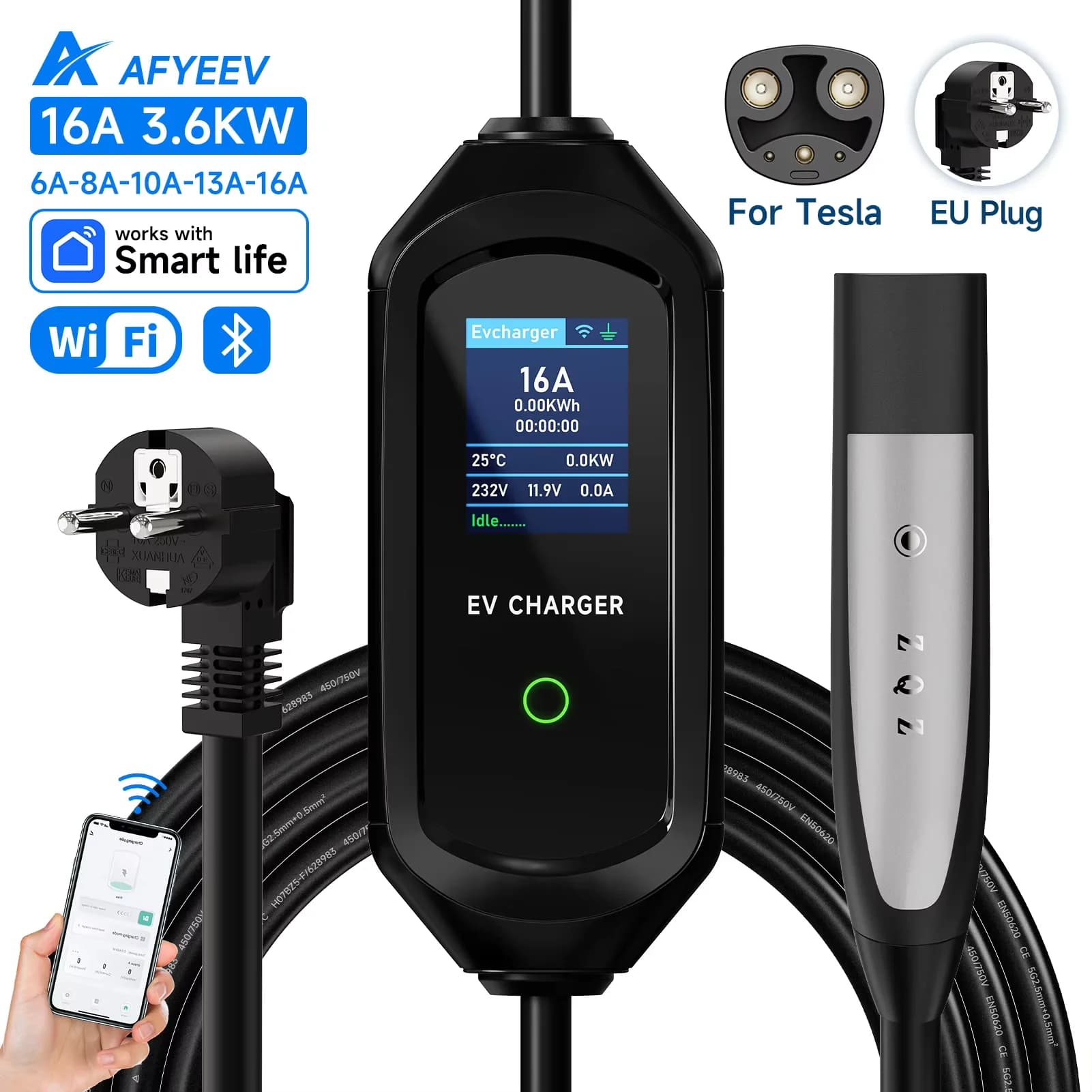 AFYEEV 16A/32A Caricatore EV portatile per Tesla EVSE Scatola di ricarica EU US CEE Spina Caricatore per auto elettrica per Tesla Model X/Y/S/3