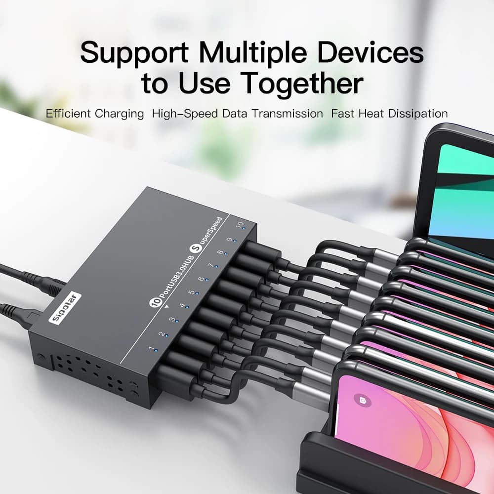 A-103 5Gbps USB3.0 10 Ports Splitter Powered Hub 12V 5A Adapter For External SSD Storage Windows Laptop Desktop