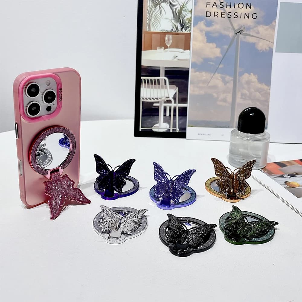 Plastic phone stand with fashionable Korean glittered butterfly bling for gift ring support with magnetic bracket for mobile phone Magsafe for iPhone