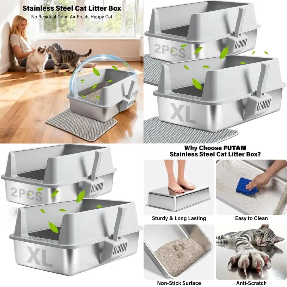 Lettiera per Gatti Extra Large in Acciaio con Coperchio, Bordi Alti per Gatti Grandi o Multipli, Stile Aperto, Uso Interno, Include Tappetino e Paletta