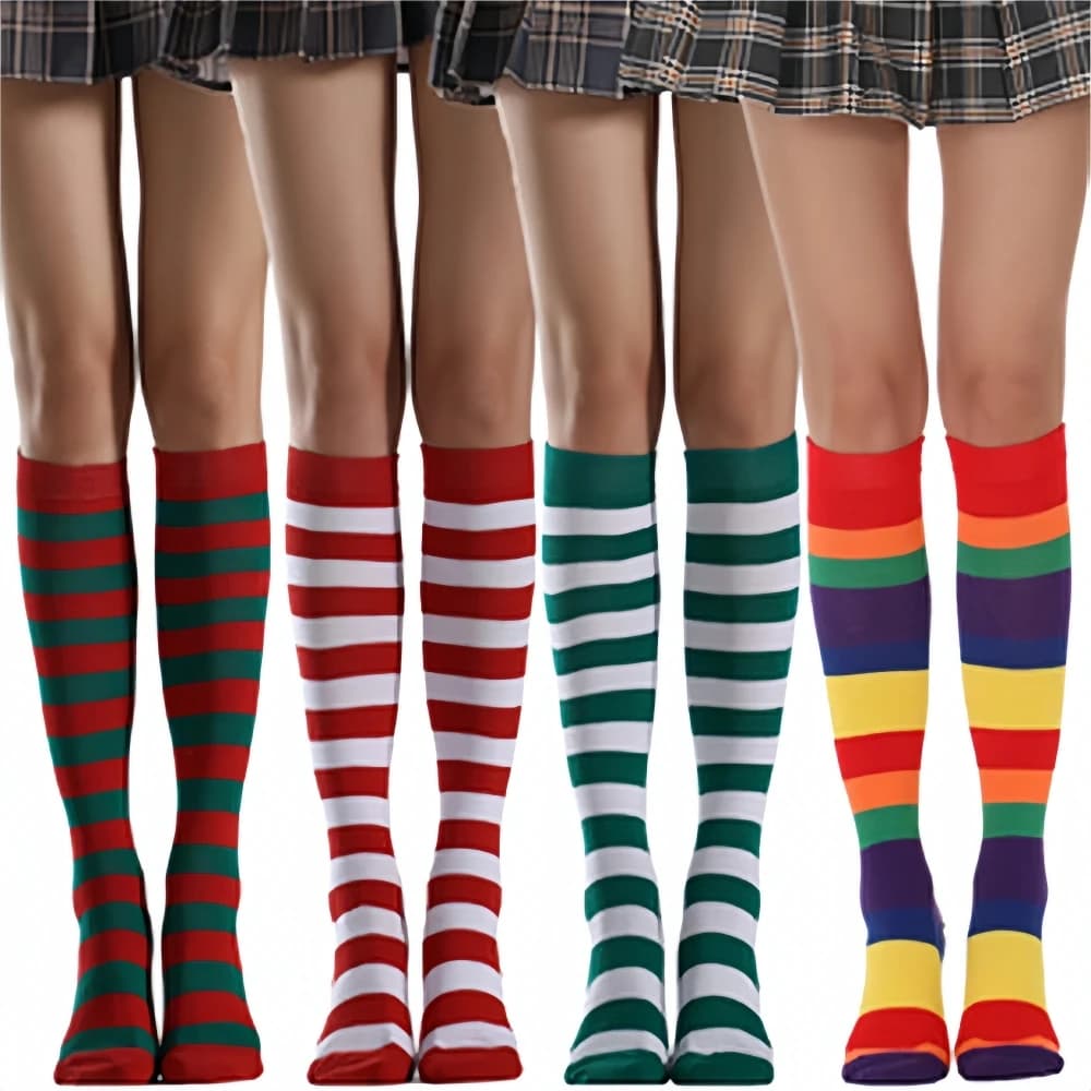 Calze a Righe al Ginocchio da Donna, Calze Lunghe Arcobaleno alla Moda, Calze Invernali Calde Lavorate a Maglia, Decorazioni per Costumi da Elfo per Feste Cosplay