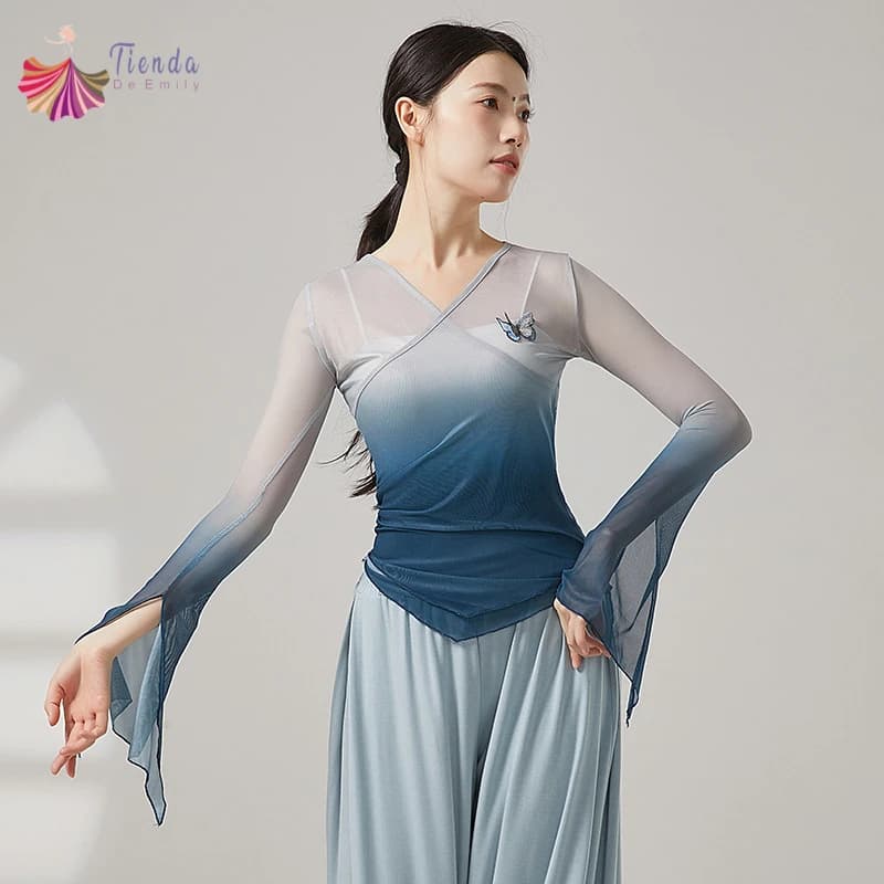 Camicia da donna a maniche svasate con spacco lungo sfumato in rete da danza classica Camicetta sari Costumi di allenamento per prestazioni Hanfu cinesi