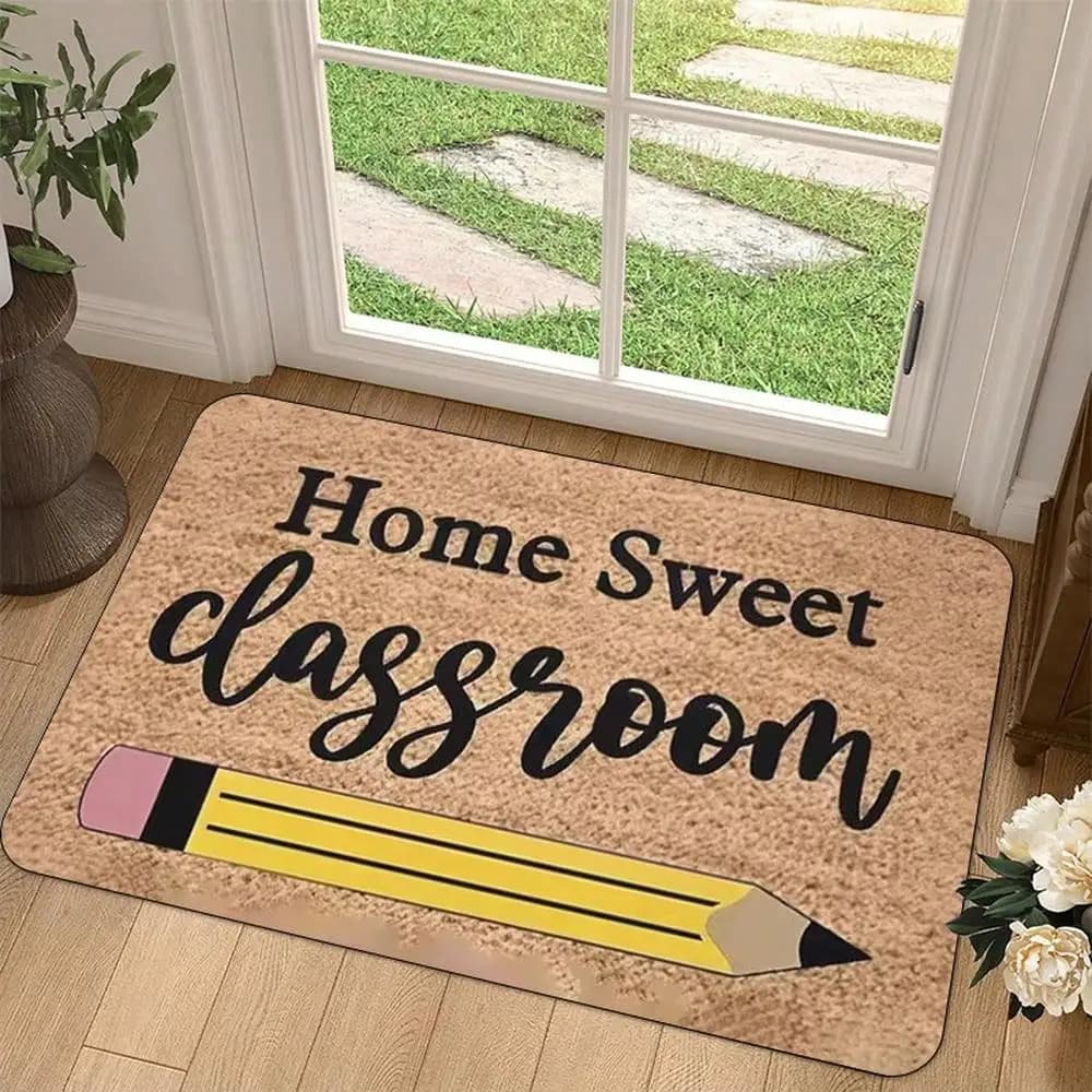 1pc American Cozy Academic Style Home Sweet Classroom Yellow Pencil Print Flannel Mat, Thick Plush Material - Sponge Thickness 0.4Inch/500G Per Square Meter, Entrance Door Hallway Runner Anti-Slip Mat