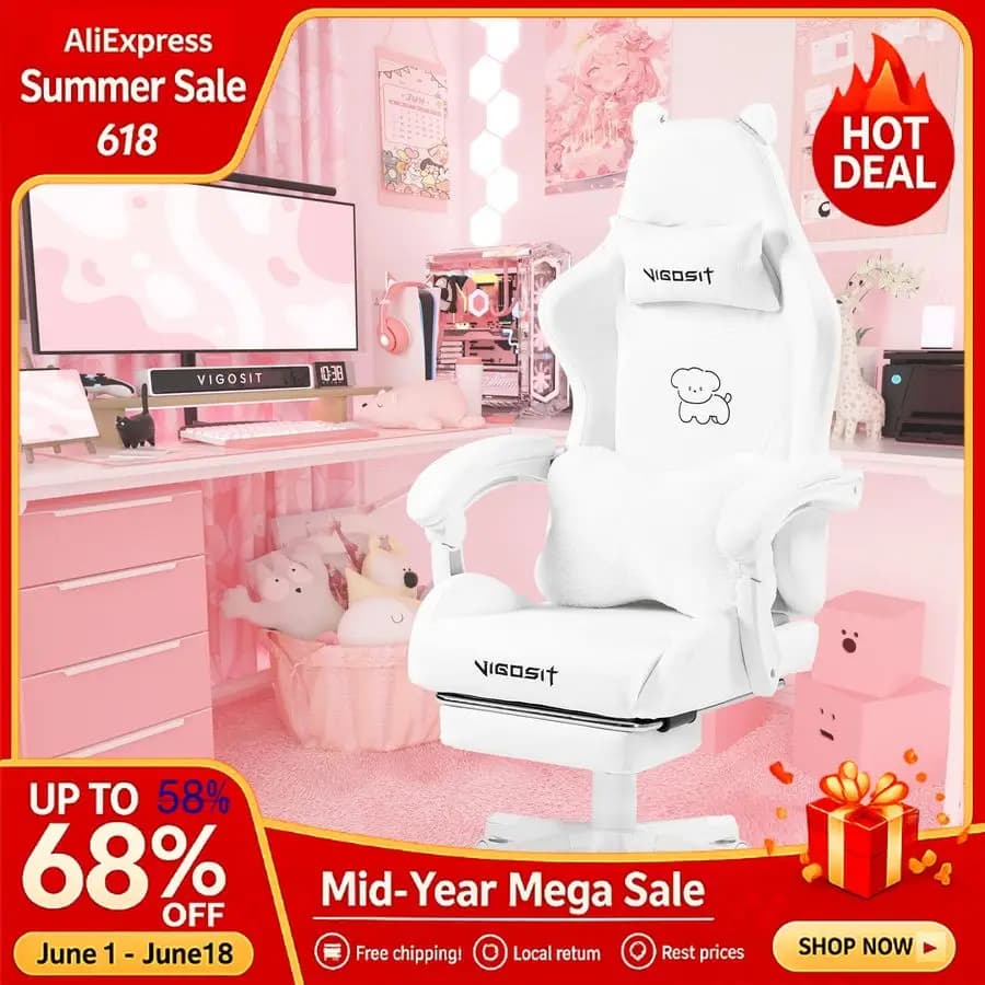 Sedia da Gaming Bianca con Design Kawaii per Giocatori Competitivi Adulti, Ergonomica con Schienale Alto e Supporto Lombare, Capacità 140 kg