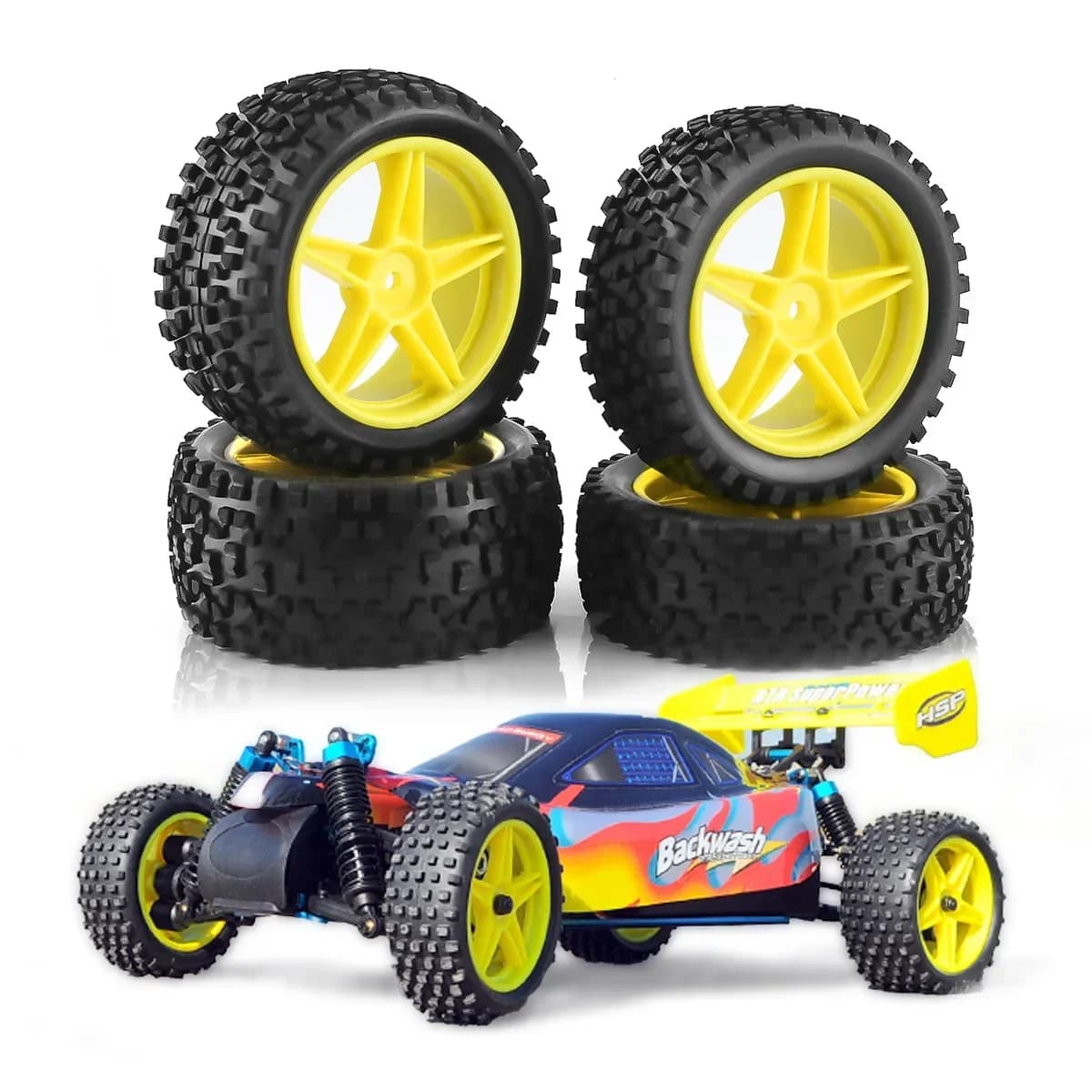 RC 1:10 | Wear-resistant rubber tyre set RS + plastic rims | For HSP 94107/94166 and Tamiya/Wltoys 144001