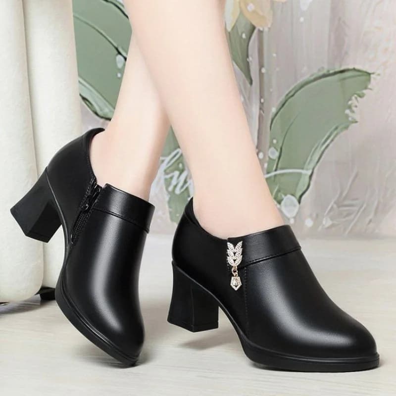 Women's Chunky Heel Soft Leather Shoes - Zipper Closure, Shallow Mouth Pointed-Toe with Rhinestones, Fashionable Low-Cut Pumps