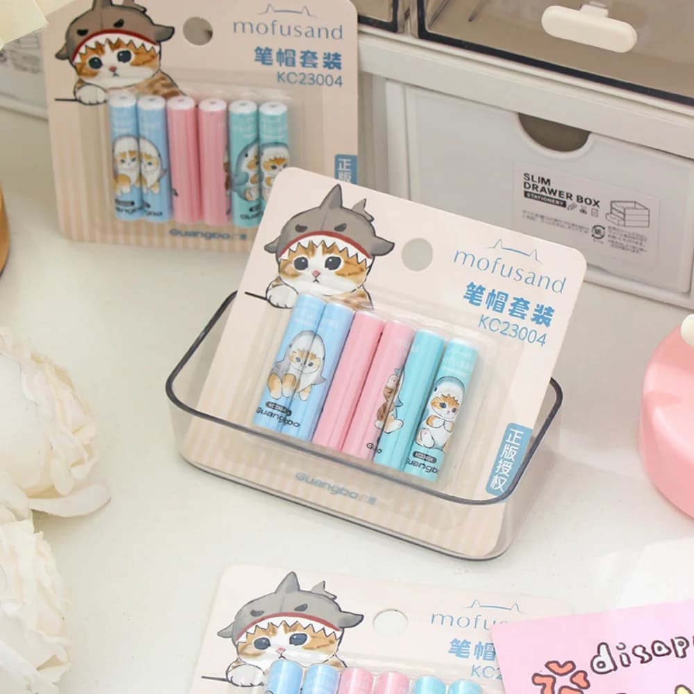 Genuine Kawaii Mofusand Shark Cat Pen Caps 6PCS Cute Pencil Cover Set for Stationery Supplies School Office Girls Daily Use Gift