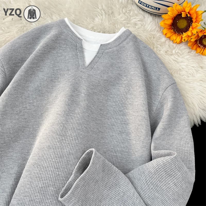 Outdoor Leisure Henley Top For Men Long Sleeve Notch Collar Waffle Texture Fake Two Piece Hem Comfort Pullover