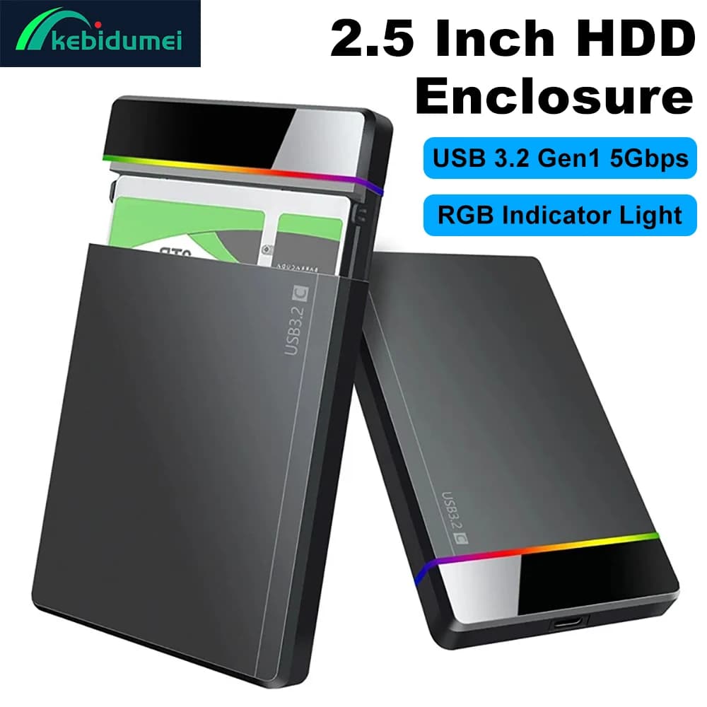 Custodia per disco rigido esterno USB3.2 Gen1 da 2,5 pollici SATA SSD Custodia per disco rigido esterno 5 Gbps Velocità di trasferimento RGB Luci fredde Scatola per disco rigido Tool-Fre