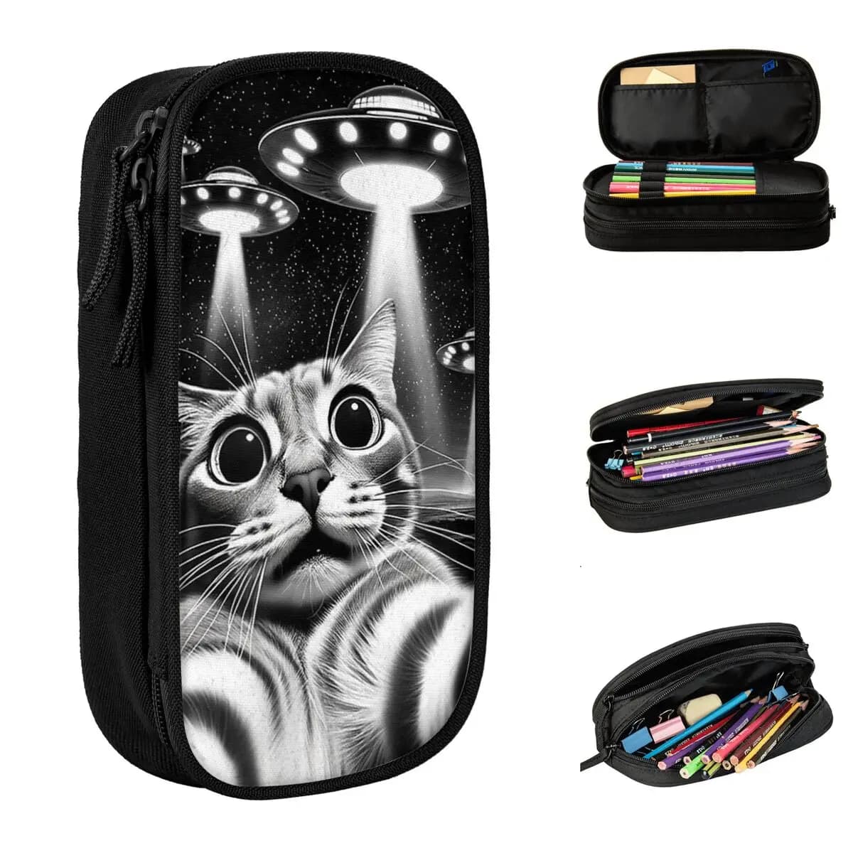 Astuccio per matite con gatto UFO, meme divertente, alieno, selfie, simpatico, per ragazze e ragazzi, grande, per la scuola, porta cosmetici