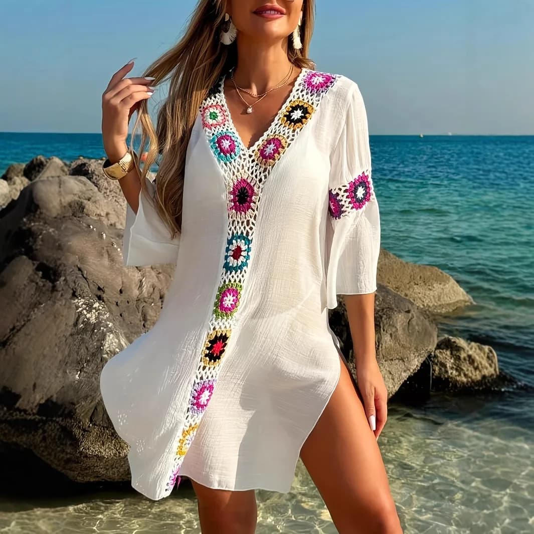 Hot Selling European American Women Hand Crochet Patchwork Maxi Dress Split Sexy Long Robe Beach Cover Up Cross-border Sundress