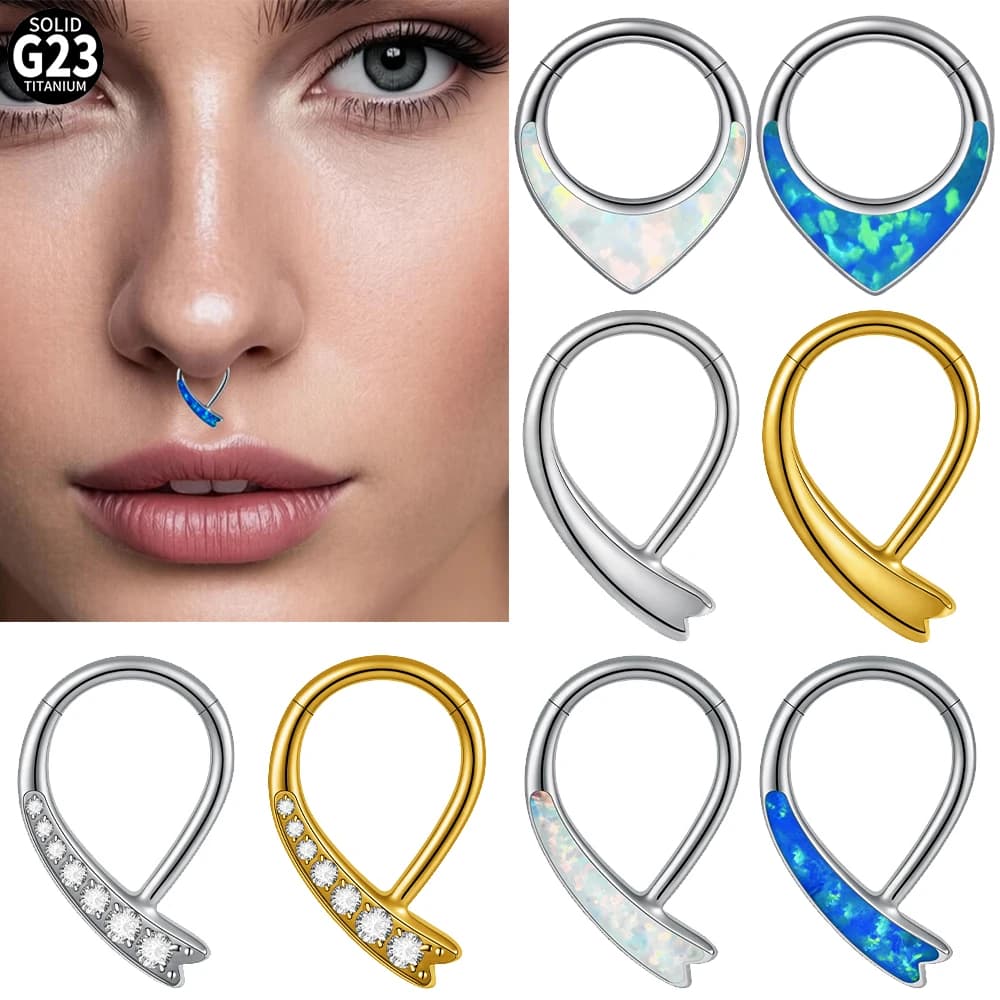 1 Pezzo Anello Clicker per Septum in Titanio G23, Design a Comma Cavo, Orecchino per Cartilagine Daith Helix, Piercing con Opale e Zircone, Gioielli per Piercing