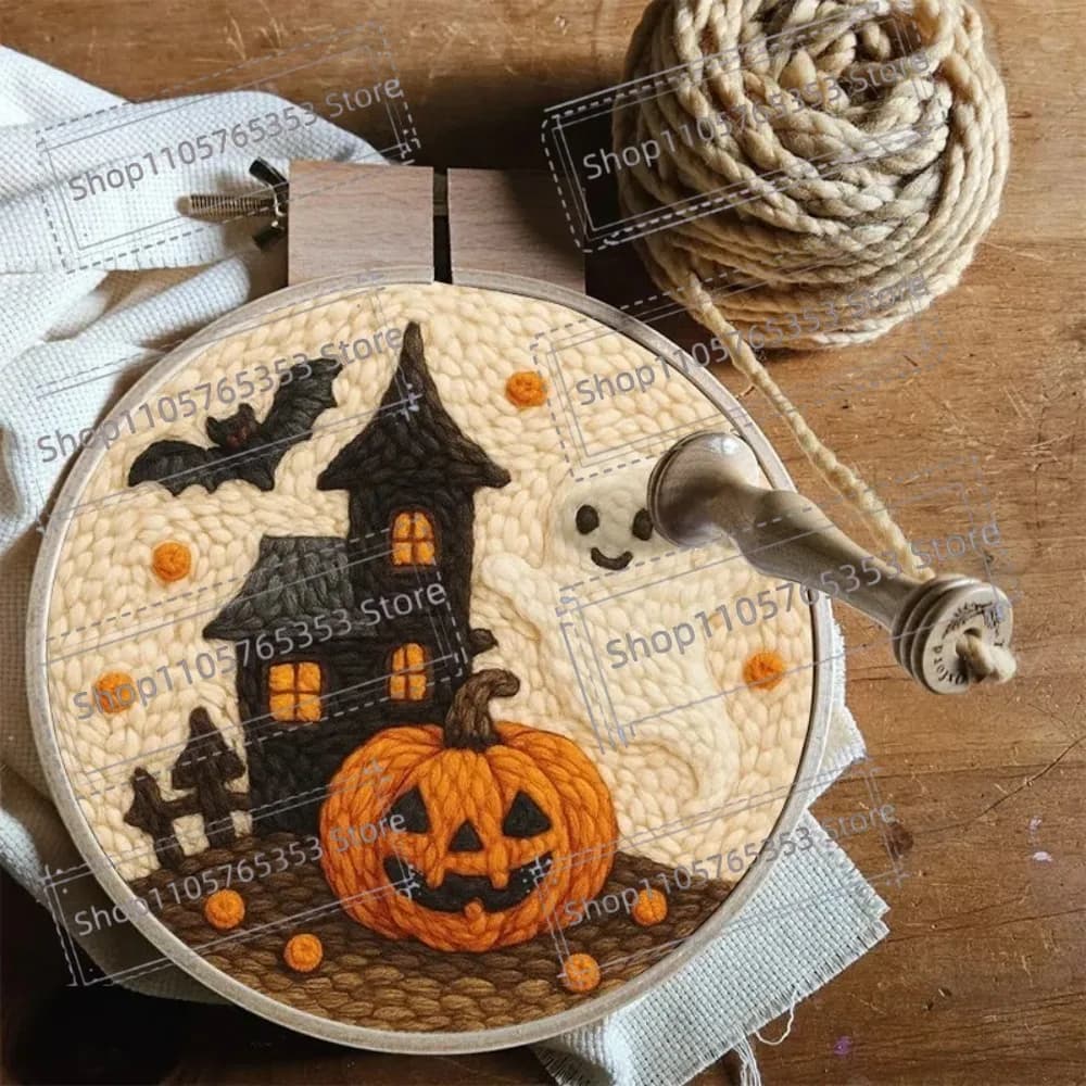 DIY Punch Needle Kit Halloween Ghost Embroidery Craft Kit with Hoop Embroidery Yarn and Needles Folk Art for Home Decor