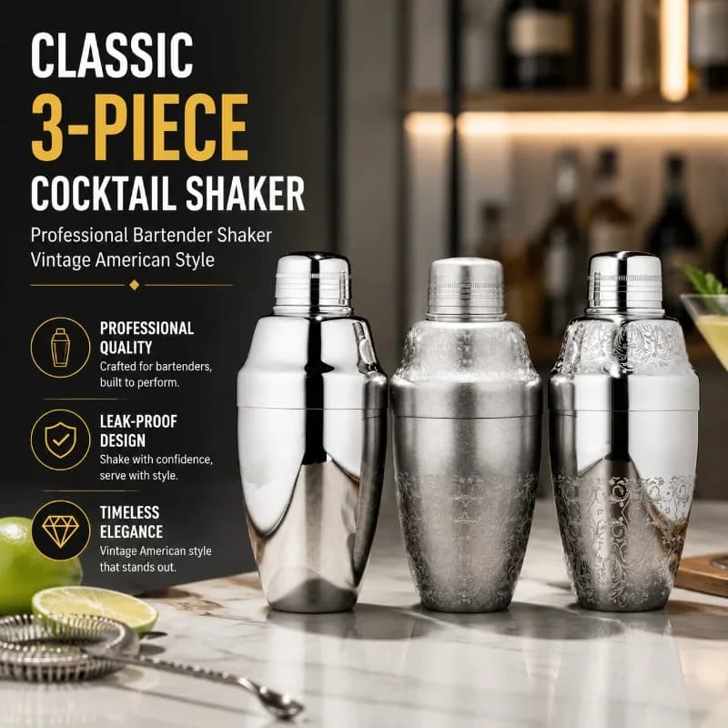 Retro American Three-section Cocktail Shaker Professional Bartender Shaker Set Suitable for Bar Household Cocktail Preparation